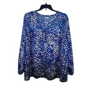 Catherines 3X Button Up Blue White Ombré Abstract Tunic Long Sleeve V-Neck Top